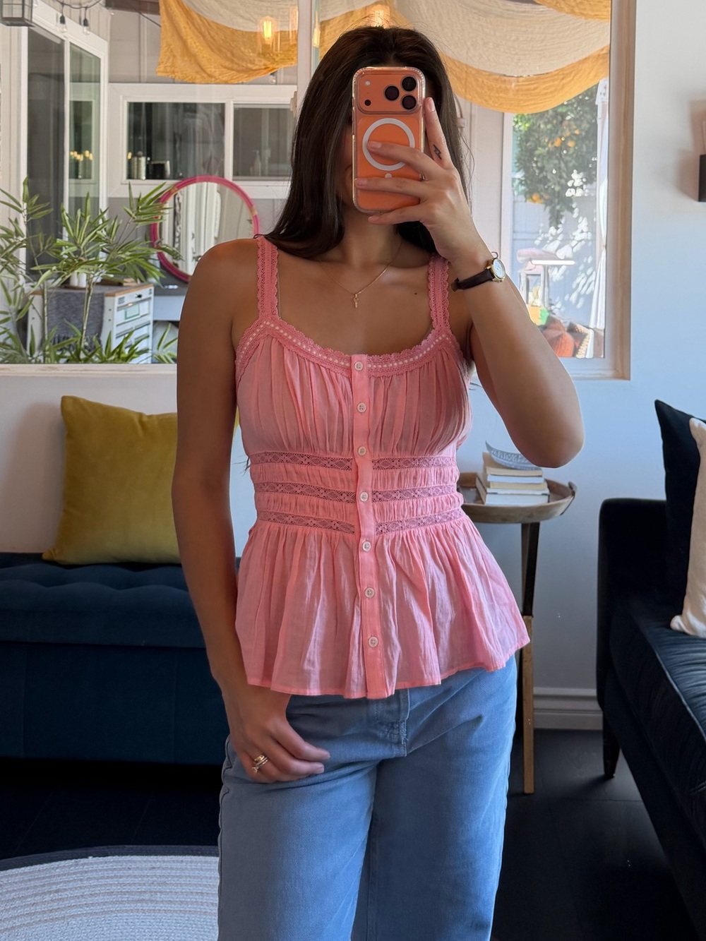 American Eagle Women's Pink Smocked Peplum Tank Top - S